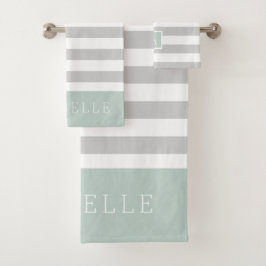 Monogramm Minze und graue Streifen | Editierbare F Badhandtuch Set