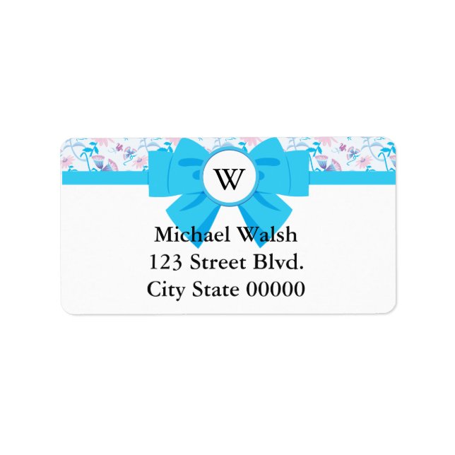 Monogramm mit blauem Ribbon mit Muster Adressaufkleber (Vorne)