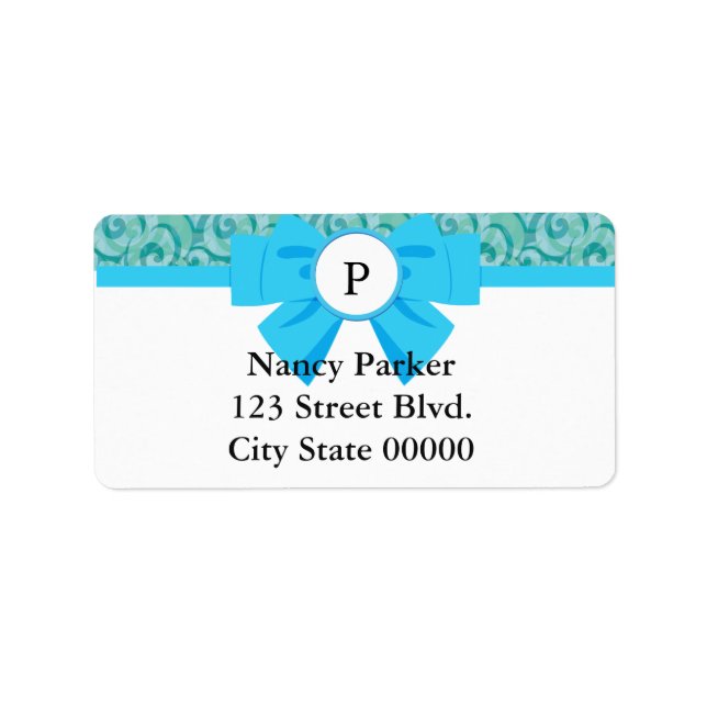 Monogramm mit blauem Ribbon mit Muster Adressaufkleber (Vorne)