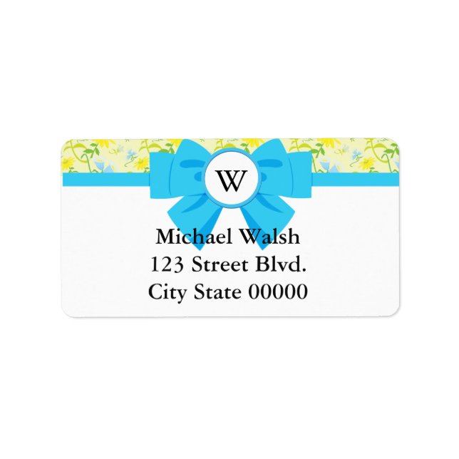 Monogramm mit blauem Ribbon mit Muster Adressaufkleber (Vorne)