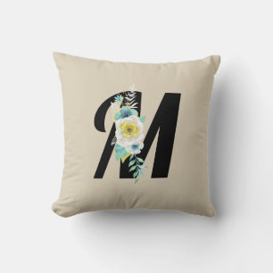 Monogramm mit Blumenspray in Aqua und Weiß Kissen