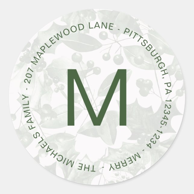 Monogramm mit botanischer Holiday-Patternadresse Runder Aufkleber (Vorderseite)
