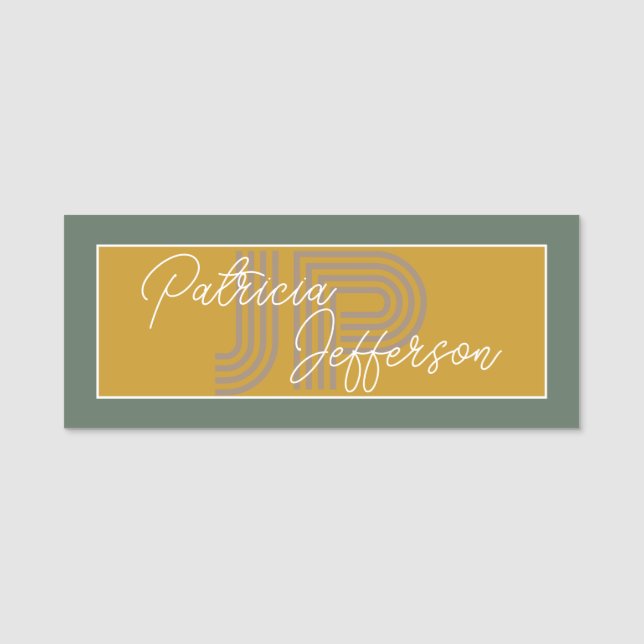 Monogramm mit handgeschriebenem Senfgelb und -läng Namensschild (Vorderseite)