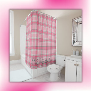 Monogramm mit Kariertem Rosa und weißem Namen   Duschvorhang