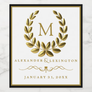 Monogramm mit Laurel Wreath Black und Gold Wedding Weinetikett