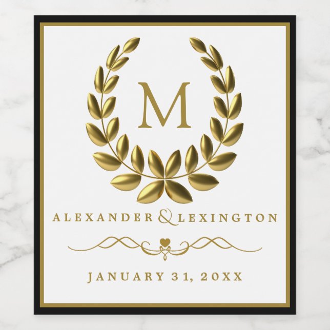 Monogramm mit Laurel Wreath Black und Gold Wedding Weinetikett (Einzelnes Label)