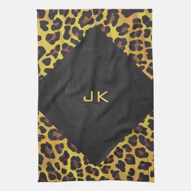 Monogramm mit Leopard Braun und Gelb Geschirrtuch (Vertikal)