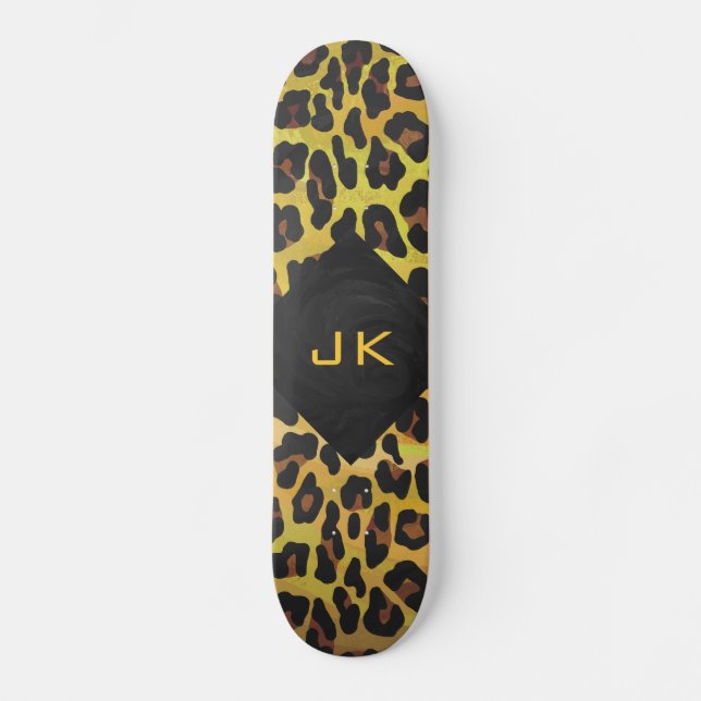 Monogramm mit Leopard Brown und Gelb Skateboard (Vorderseite)