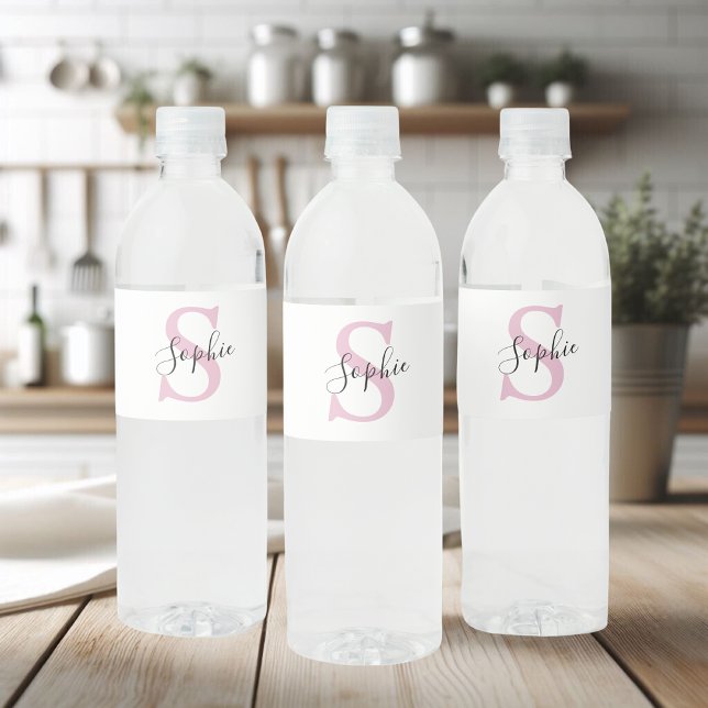 Monogramm mit neuem Personalisierten Namen Pink Wasserflaschenetikett (Von Creator hochgeladen)