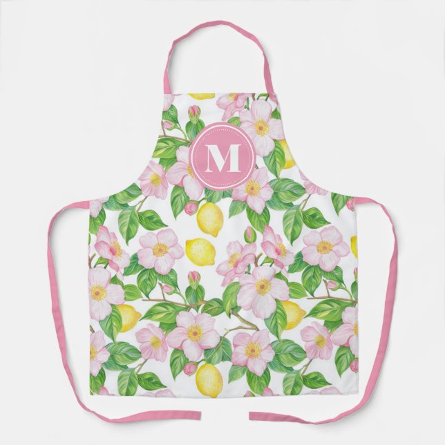 Monogramm mit rosa floralem Zitronenmuster Schürze (Vorderseite)