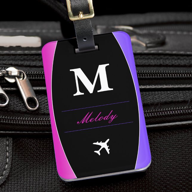 Monogramm mit rosa Lila und schwarzen Namen Gepäckanhänger (pink purple and black monogram airplane pilot luggage tag)