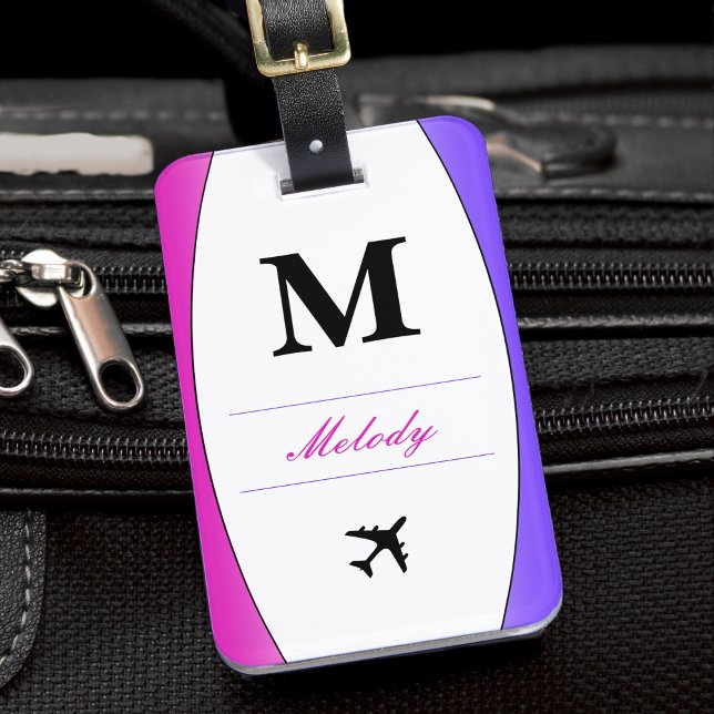 Monogramm mit rosa Lila und weißen Namen Gepäckanhänger (pink purple and white monogram airplane pilot luggage tag)
