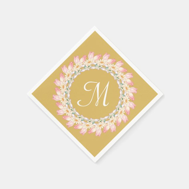Monogramm mit rosa Rosen und Aquarellrahmen Serviette (Ecke)