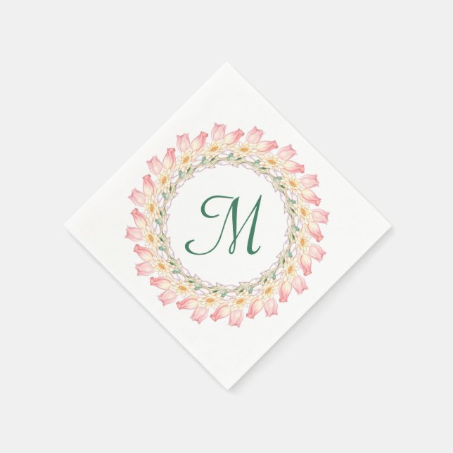 Monogramm mit rosa Rosen und Aquarellrahmen Serviette (Ecke)