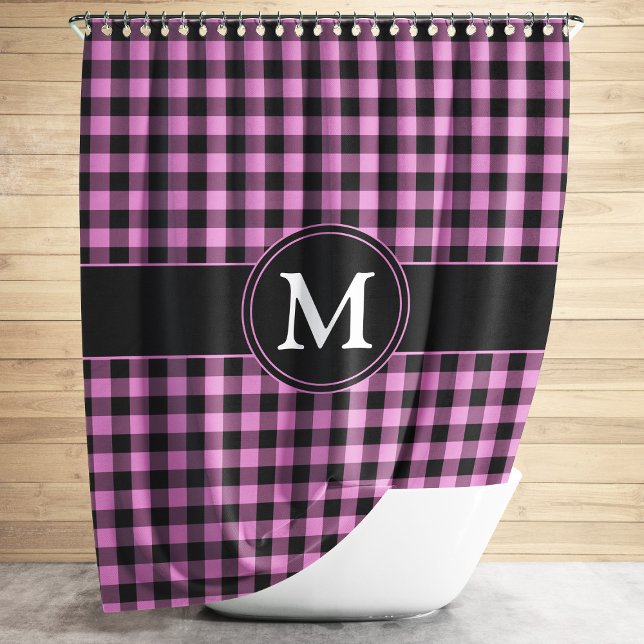 Monogramm mit rosa und schwarz geprüft Monogramm p Duschvorhang (Modern Pink Plaid Pattern Monogram Shower Curtain)
