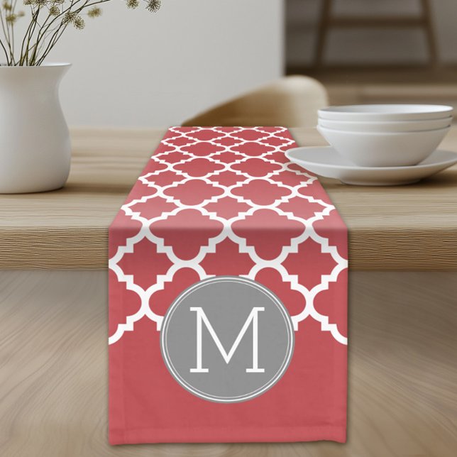 Monogramm mit rotem und grauem geometrischem Muste Kurzer Tischläufer (Custom Table Runner)