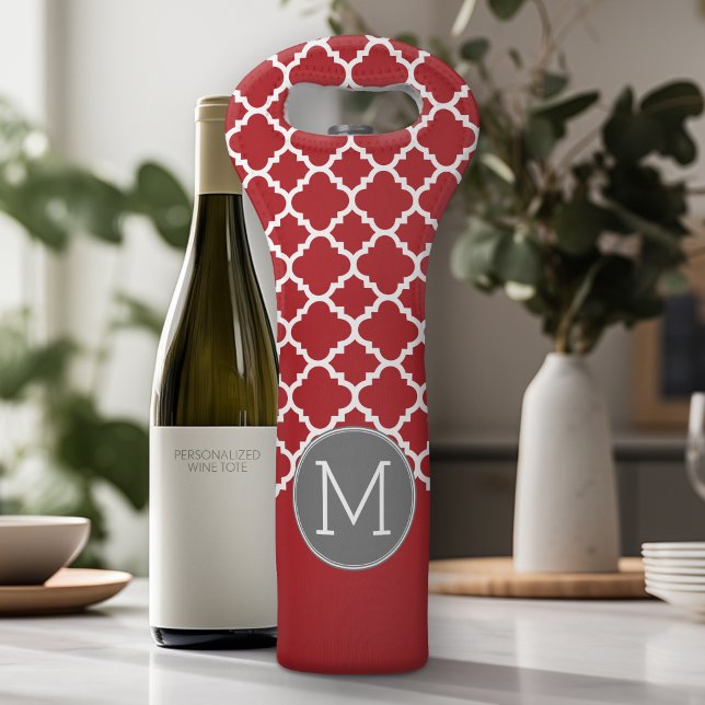 Monogramm mit rotem und grauem geometrischem Muste Weintasche (Personalized Wine Tote - Add Your Name or Customize completely in the advanced design area)