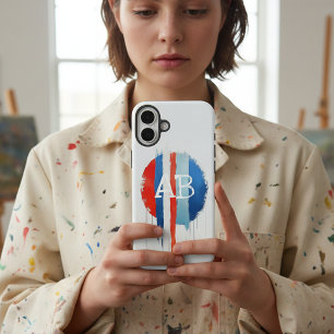 Monogramm mit roter, weißer und blauer Tropffarbe iPhone 16 Plus Hülle