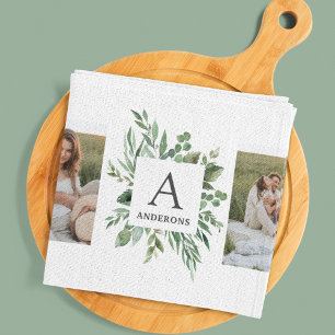 Monogramm mit zwei Fotos Personalisierter Grünra Geschirrtuch