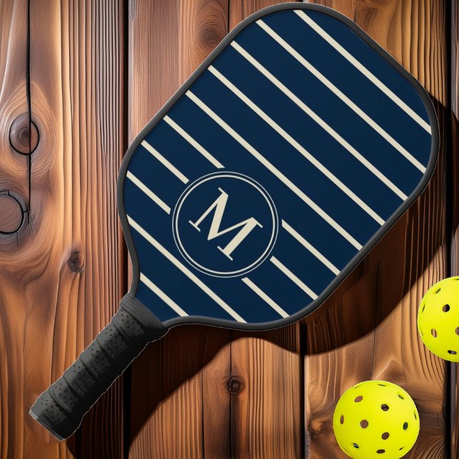 Monogramm Mitte des Jahrhunderts Streifen tiefblau Pickleball Schläger (Von Creator hochgeladen)