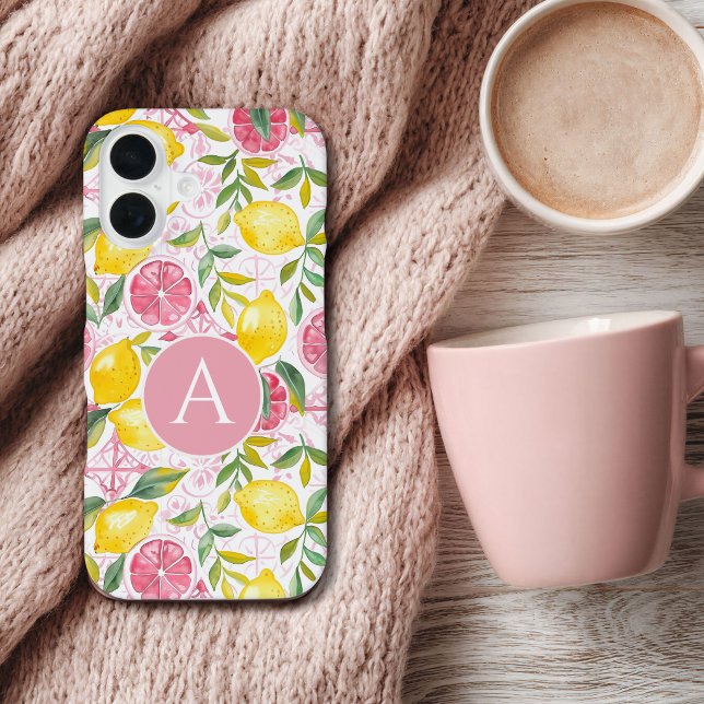 Monogramm Mittelmeer Stil Zitronen Muster iPhone 16 Hülle (Von Creator hochgeladen)