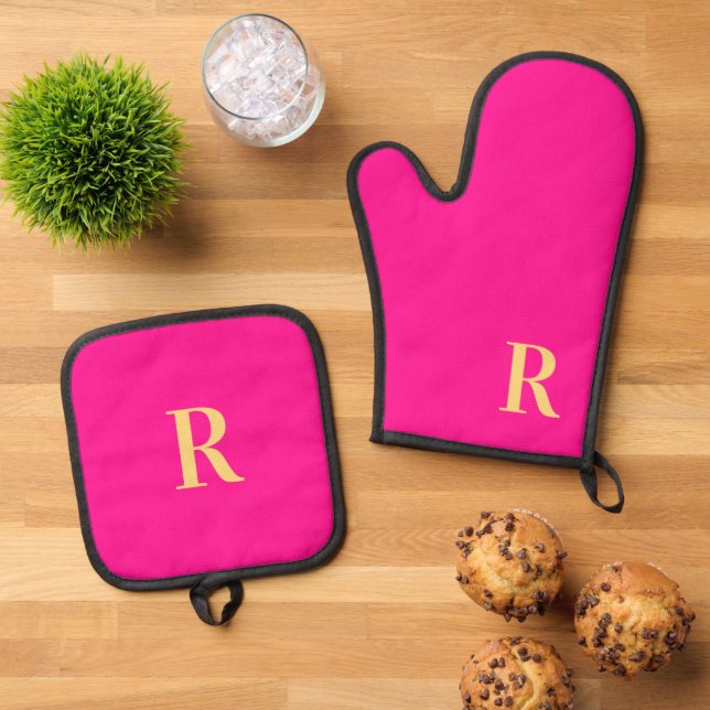 Monogramm Modern Hot Pink Ofenhandschuh & Topflappen-Set (Oben Unten)