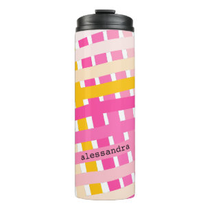 Monogramm Modern Rosa Gelb Kariert Girly  Thermosbecher