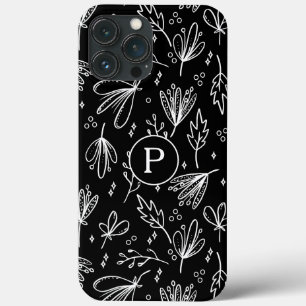 Monogramm Modern Schwarz-Weiß-Blumenmuster Case-Mate iPhone Hülle