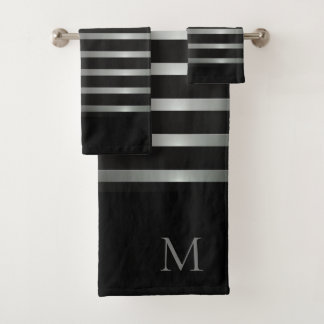 Monogramm Moderne Silberstreifen auf schwarz Badhandtuch Set