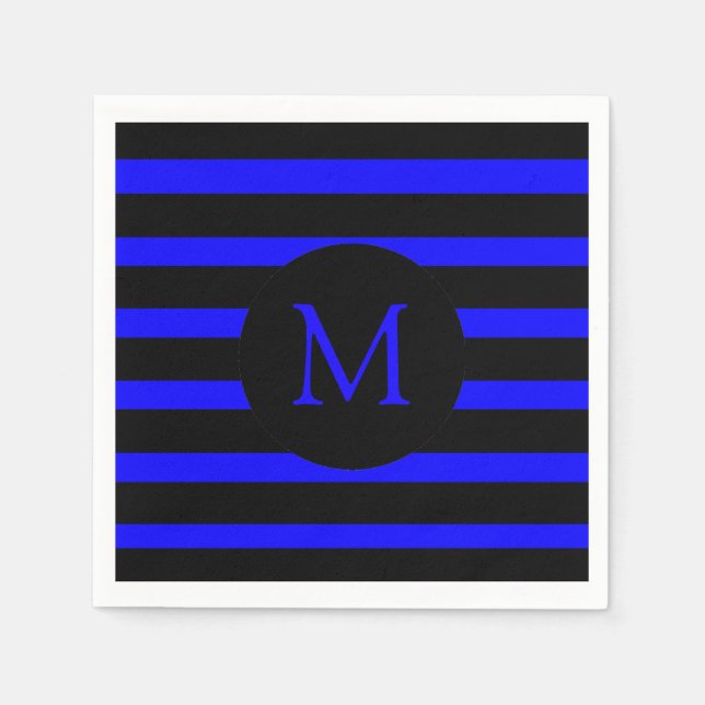 Monogramm moderner Electric Blue und Black Stripes Serviette (Vorderseite)