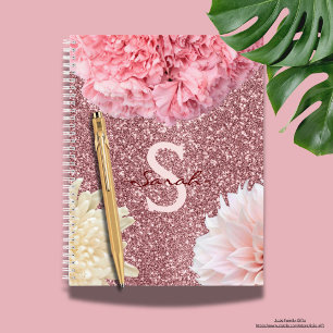 Monogramm moderner Glitzer mit rosa-weißem Blumenm Notizbuch