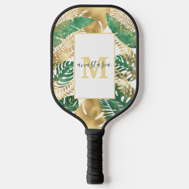 Monogramm moderner goldgrüner tropischer Blätter Pickleball Schläger (Vorderseite)