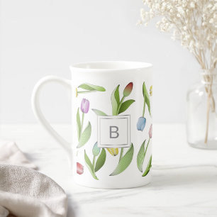 Monogramm Modernes Farbige Tulpen Blumenmuster Prozellantasse
