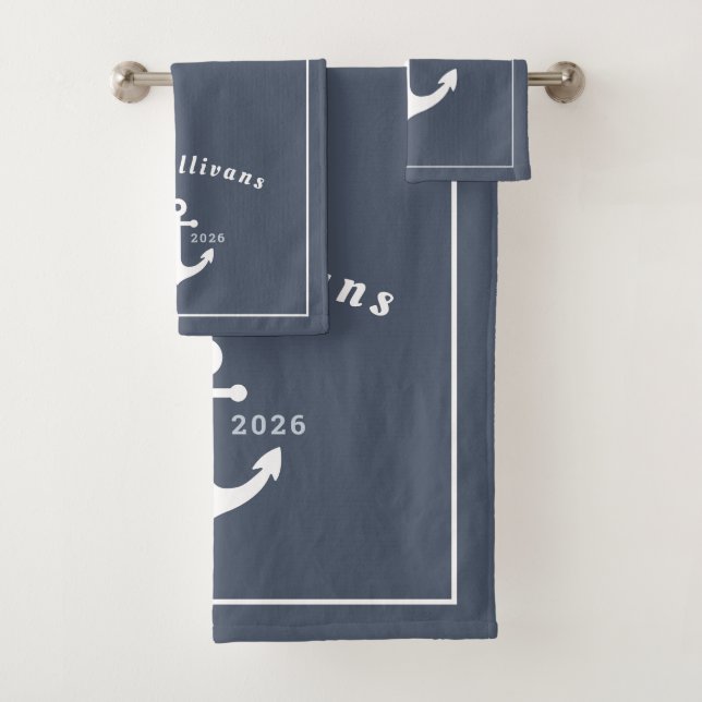 Monogramm Modernes Küstenanker Denim Blau Weiß Badhandtuch Set (Insitu)