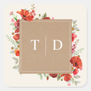 Monogramm Mohn Wildblumen Cardstock Hochzeit Quadr Quadratischer Aufkleber