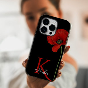 Monogramm-Mohnblume in Rot auf schwarzem Hintergru iPhone 13 Hülle