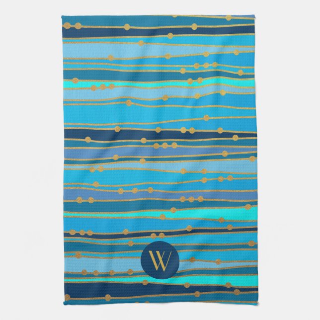 Monogramm monochrome blaue Wellenstreifen Faux-Gol Geschirrtuch (Vertikal)