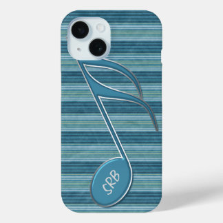 Monogramm-Musiknote und Streifen in Blautönen iPhone 15 Hülle
