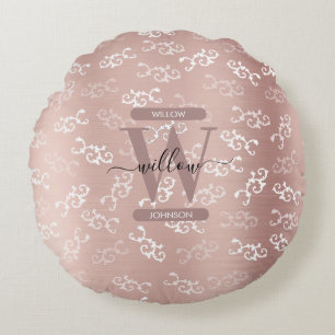 Monogramm Muster im vintage Rosen-Gold-Damaskus-St Rundes Kissen
