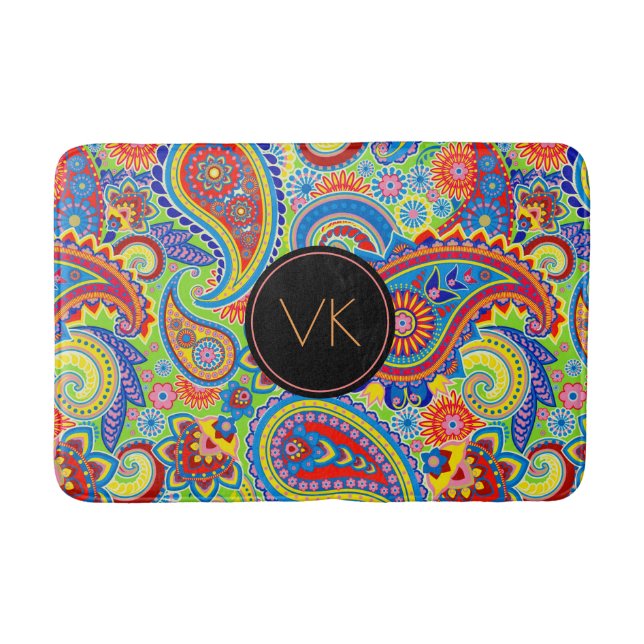 Monogramm Muster mit farbenfrohem Paisley Badematte (Vorderseite)