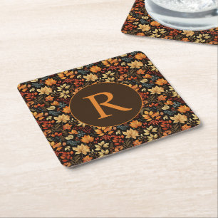Monogramm Muster mit herbstlicher Blattstruktur im Rechteckiger Pappuntersetzer