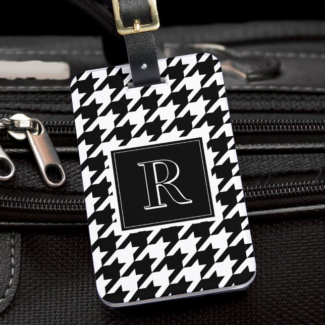 Monogramm Muster mit Houndstooth Schwarz & Weiß Gepäckanhänger (Monogram Houndstooth Pattern Black & White Luggage Tag
)