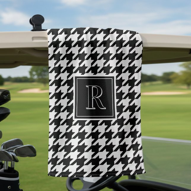 Monogramm Muster mit Hundszahnmuster Schwarz & Wei Golfhandtuch (Monogram Houndstooth Pattern Black & White Golf Towel
)