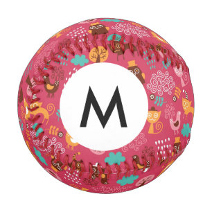 Monogramm Muster mit niedlichen Vögeln und Katzen Baseball