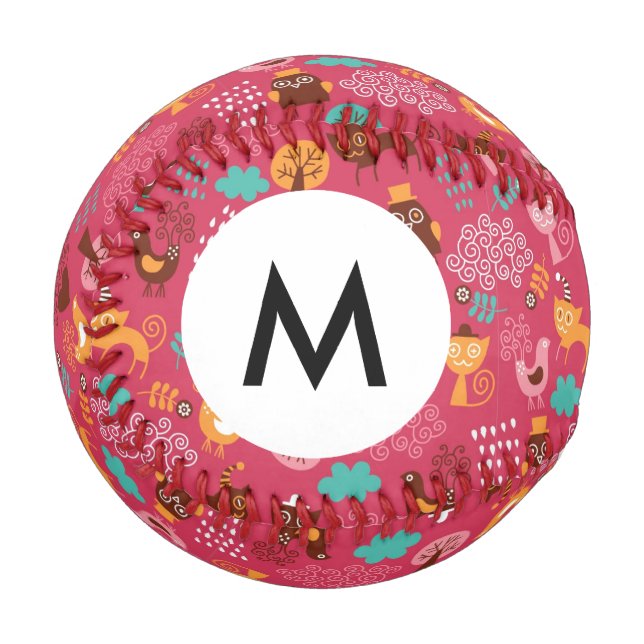 Monogramm Muster mit niedlichen Vögeln und Katzen Baseball (Vorderseite Links)