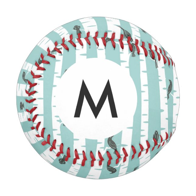 Monogramm Muster mit Vögeln und Bäumen Baseball (Vorderseite Links)