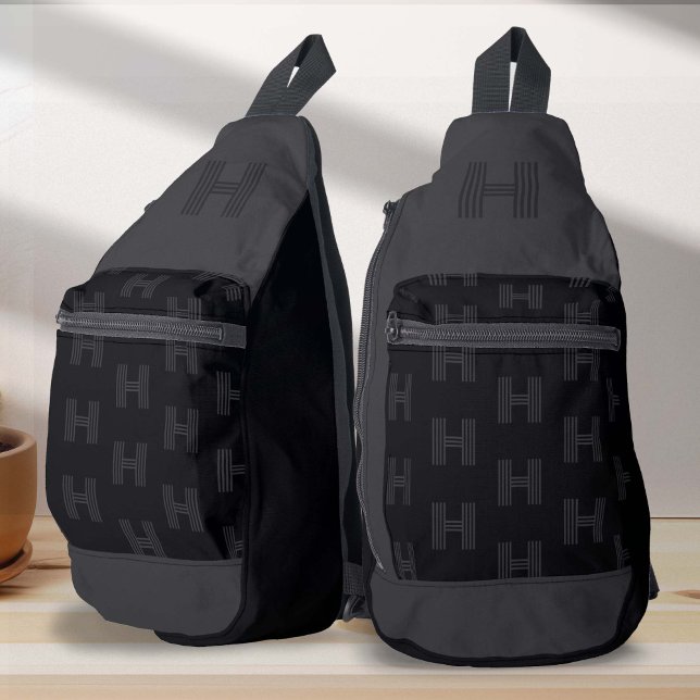 Monogramm-Muster, moderne Mit Monogramm Schwarz Crossbody Bag (Black Monogram Pattern, Simple Black Sling Bag)