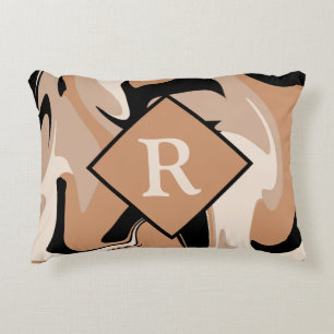 Monogramm Muster Schwarz Braun Creme Marmor Wirbel Dekokissen