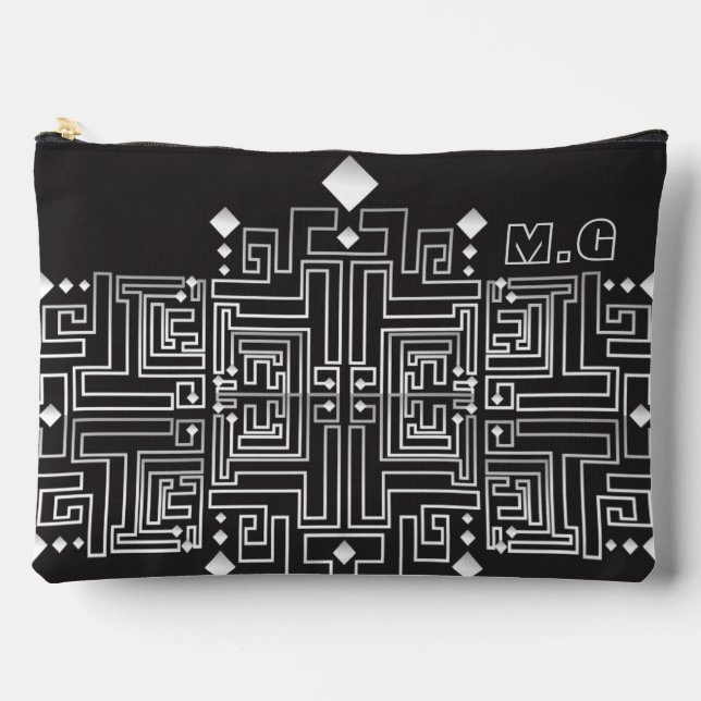 Monogramm Muster Schwarz-Weiß-Labyrinth Zubehörtasche (Vorderseite)