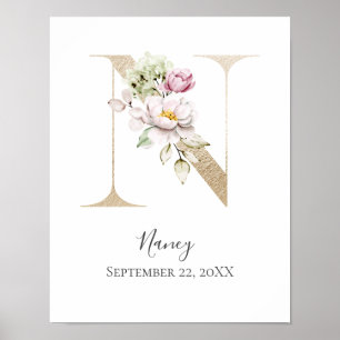 Monogramm N Rosa Weiß Blumen Gold Buchstabe Kinder Poster
